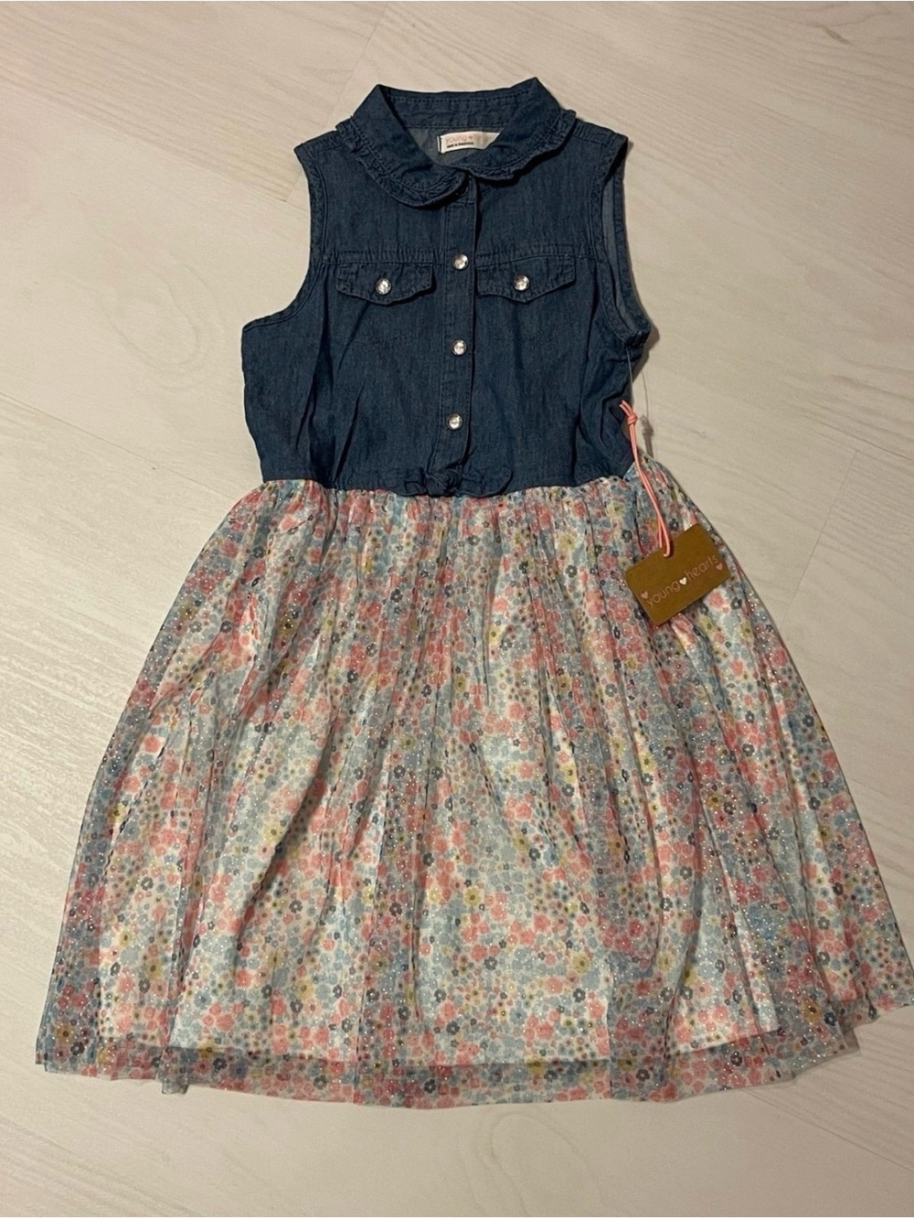 Sleeveless Denim Top with Floral Tulle Skirt Girls 7/8 Dress - Navy & Multicolor